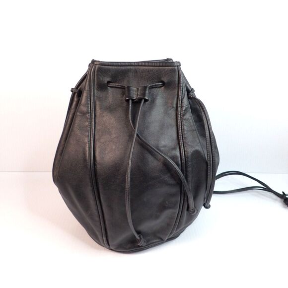 VINTAGE ANNE KLEIN for Calderon Black Leather Bucket Drawstring Crossbody Purse - Picture 1 of 16